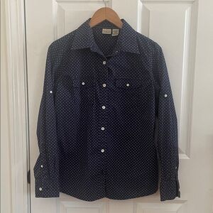 L.L. Bean Navy Button-Down Long Sleeve Shirt with White Dots